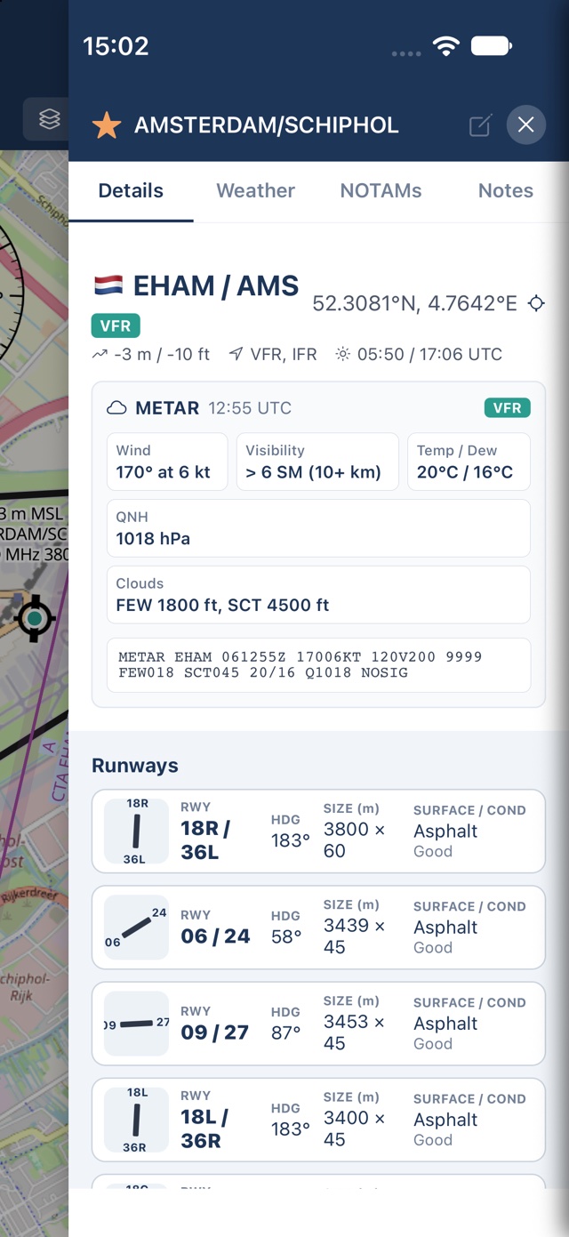 PilotCharts airport details panel for Amsterdam Schiphol with decoded METAR, runways, and frequencies