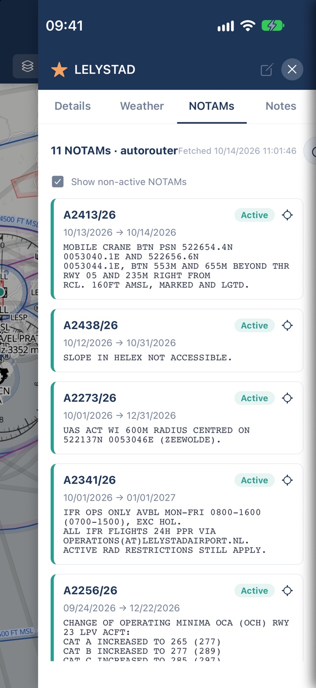 PilotCharts airport NOTAMs tab showing active NOTAMs from Autorouter with date spans and details