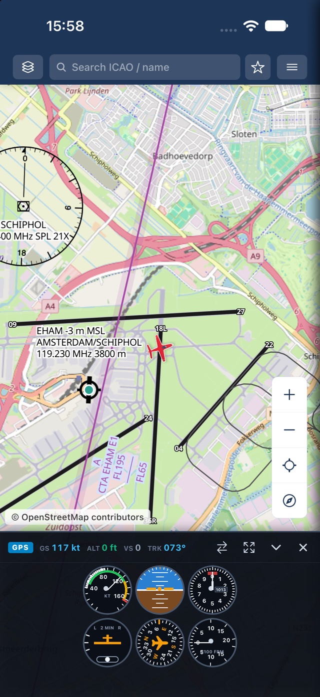 PilotCharts showing classic six-pack analog steam gauges with airspeed indicator, attitude, altimeter, and turn coordinator
