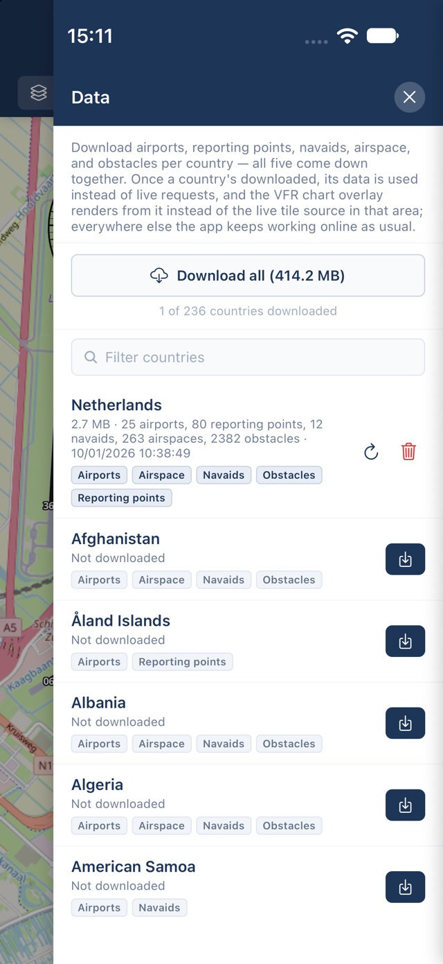 PilotCharts Data page for downloading airports, airspace, navaids and obstacles by country