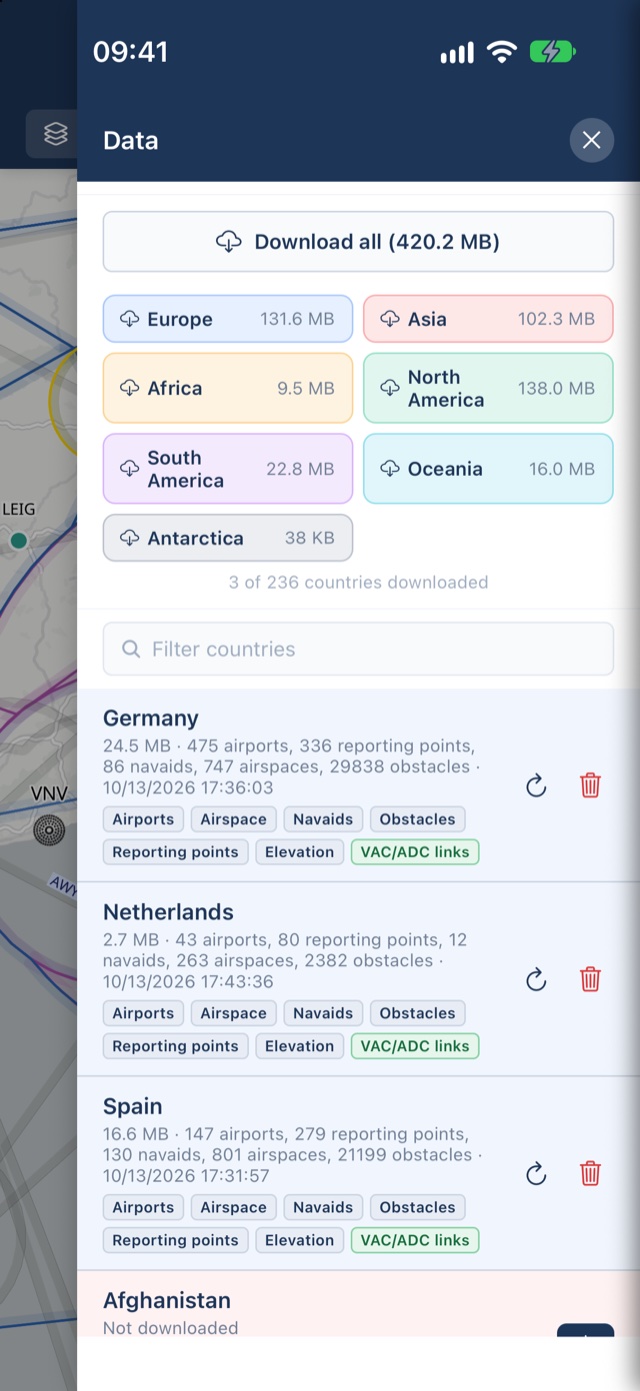 PilotCharts Data page for downloading airports, airspace, navaids and obstacles by country