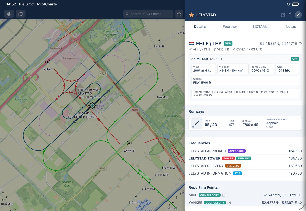 PilotCharts pinned airport details panel on iPad landscape, showing Lelystad runways, circuit routes, and decoded METAR side-by-side