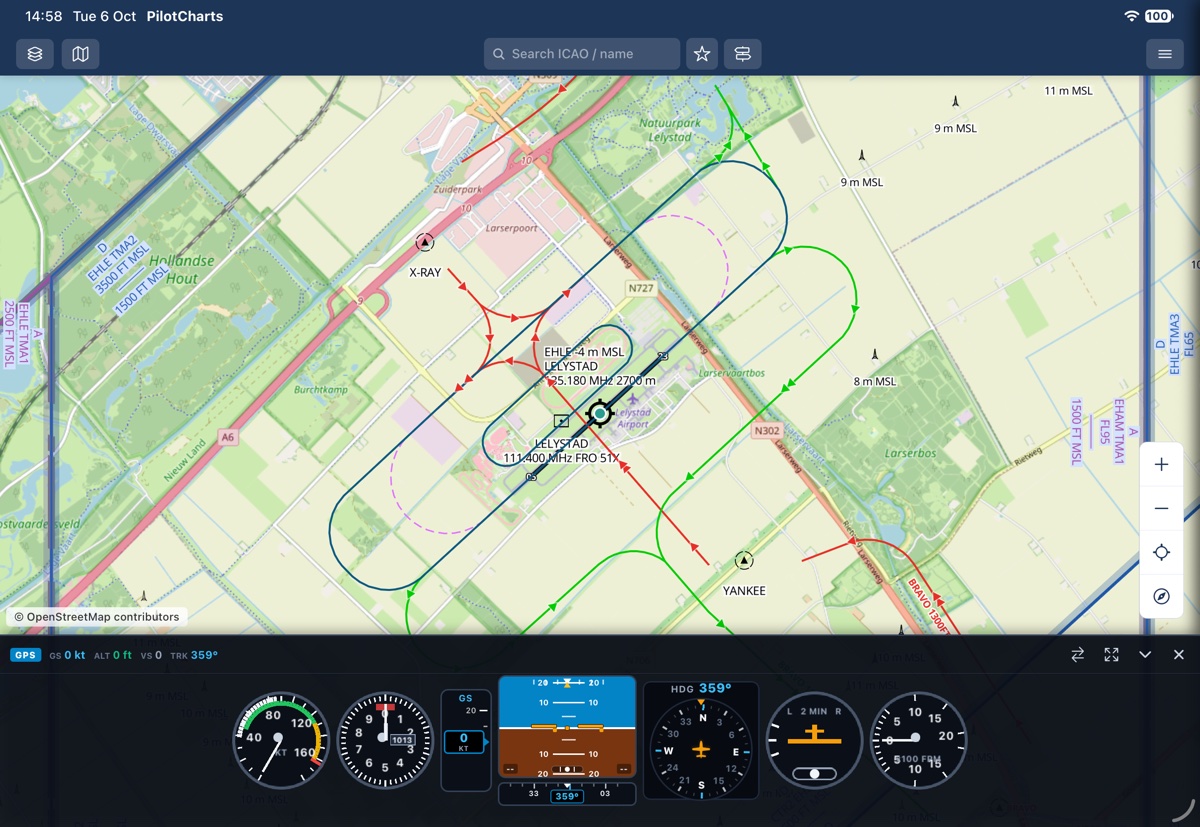 PilotCharts on iPad in landscape, showing the VFR chart and traffic circuits with wide hybrid flight instruments