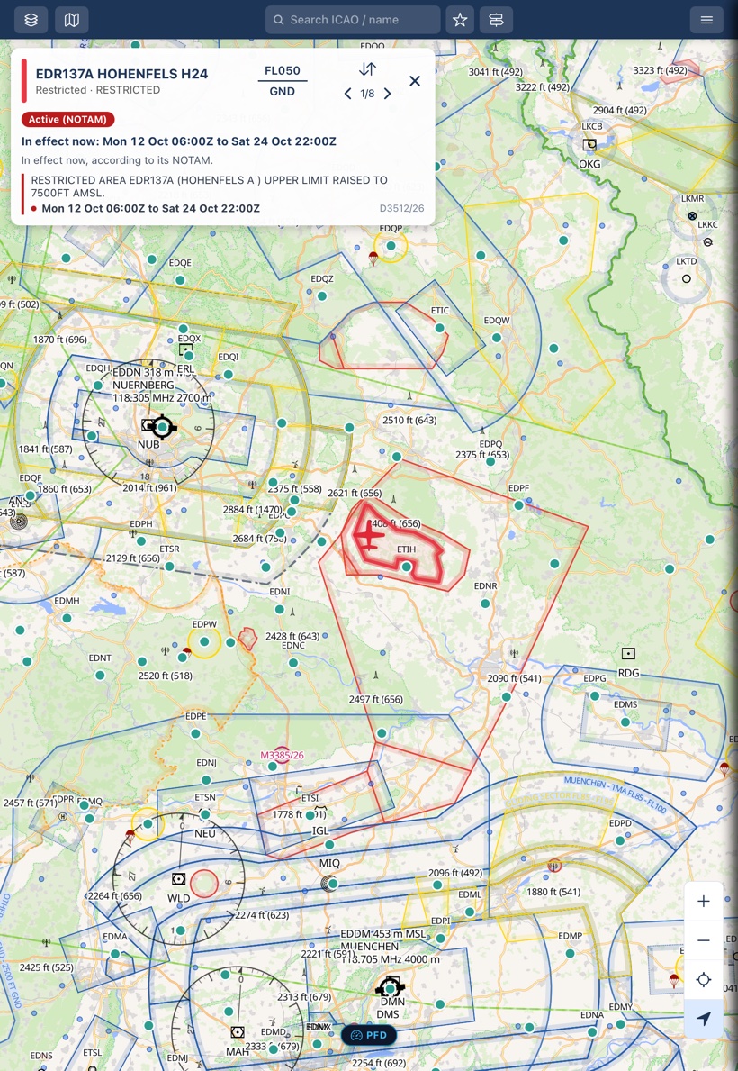 PilotCharts on iPad in portrait orientation showing dynamic airspace NOTAM status and active restricted areas on the moving chart
