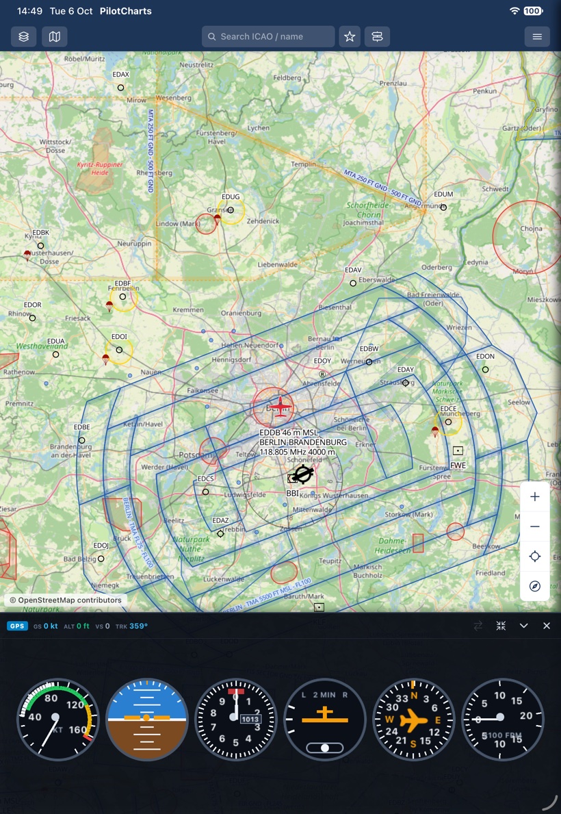 PilotCharts on iPad in portrait, showing the VFR chart over Berlin with classic six-pack analog steam gauges