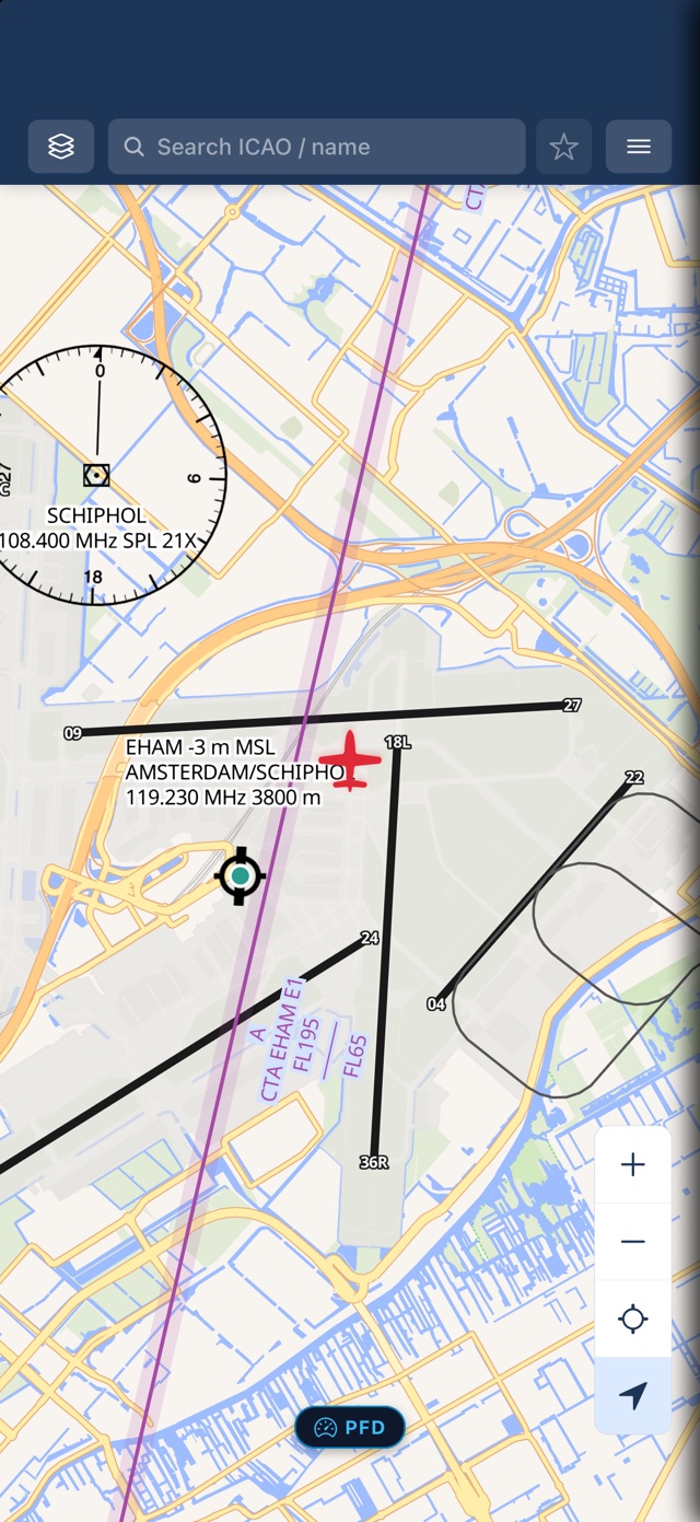 PilotCharts VFR moving map showing live GPS aircraft position flying over Amsterdam Schiphol on openAIP aeronautical charts