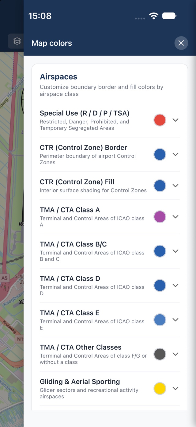 PilotCharts map colors customization panel