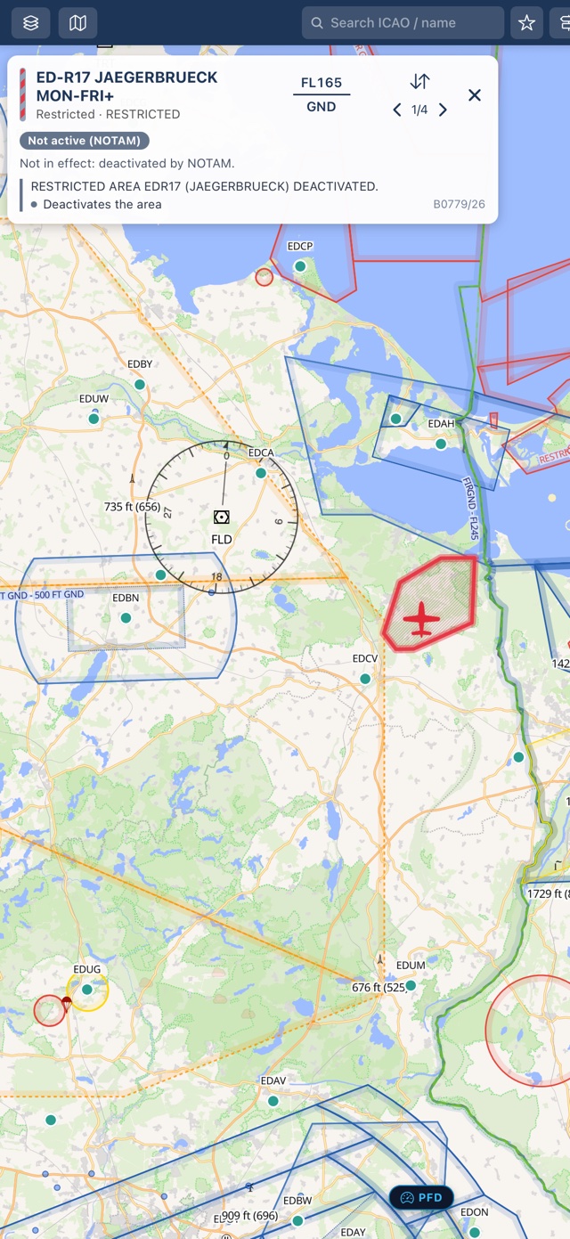 PilotCharts moving map displaying deactivated restricted area ED-R17 with grey diagonal hatching and not-in-effect NOTAM notice