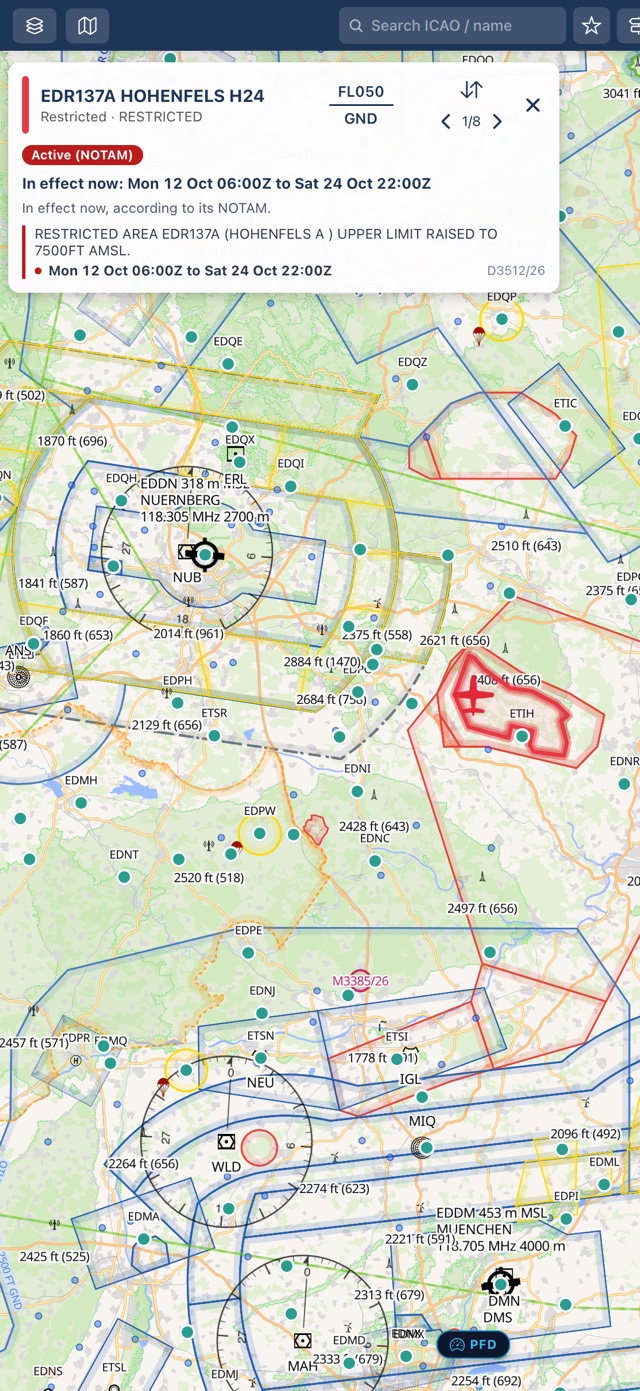 PilotCharts moving map displaying live dynamic airspace NOTAM status, active restricted area highlight, and NOTAM temporary flight restriction polygon