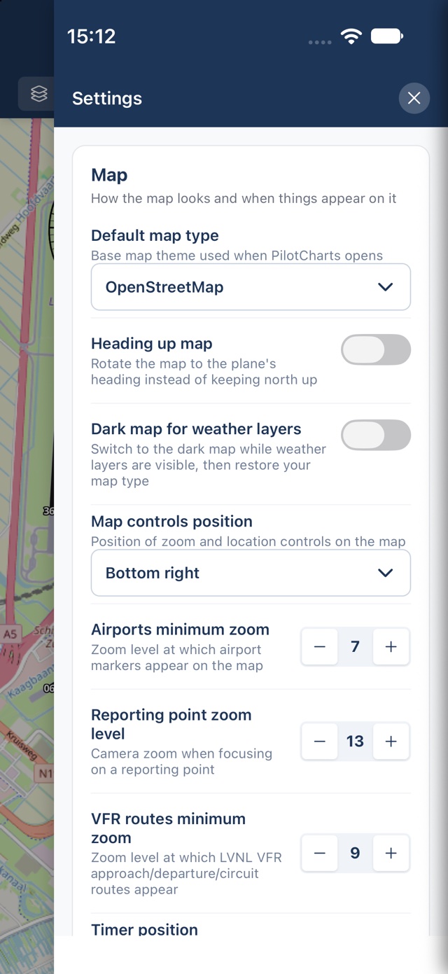 PilotCharts settings panel, including base map theme, navigation, and flight instrument options