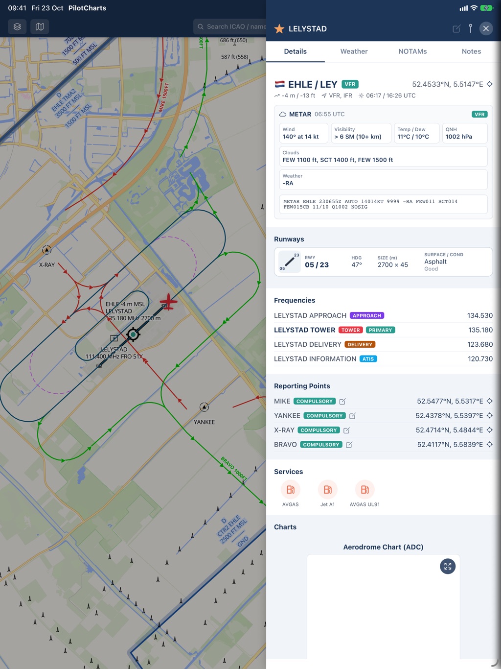 PilotCharts on iPad: airport details panel with runways, frequencies and METAR