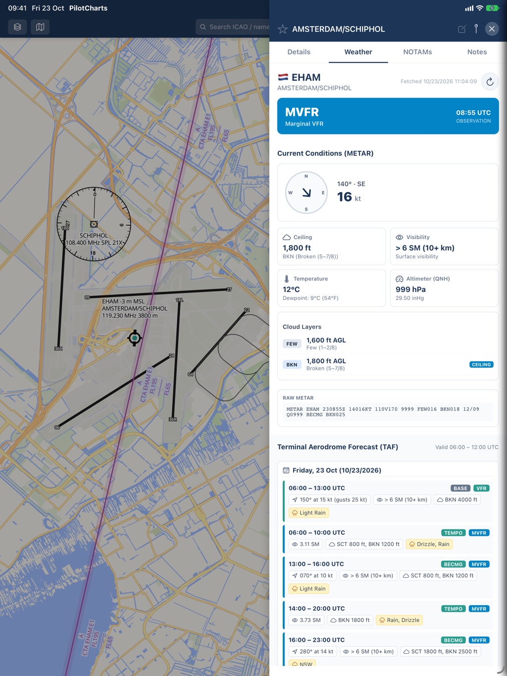 PilotCharts on iPad: decoded METAR and TAF forecast