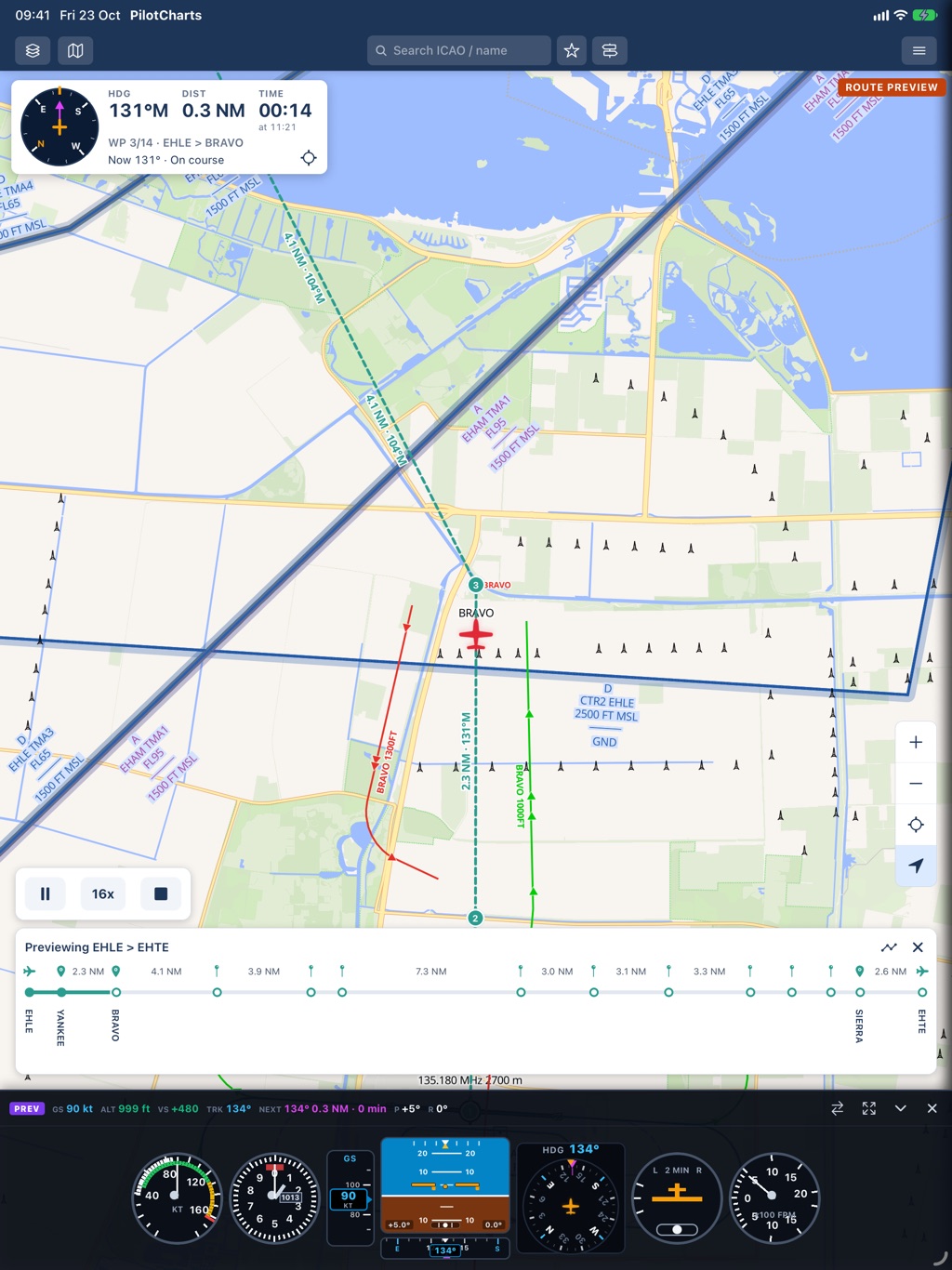 PilotCharts on iPad: route preview with next-leg card and cockpit instruments