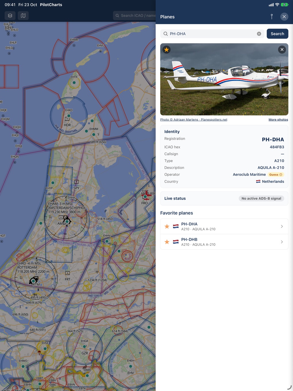 PilotCharts on iPad: planes panel showing aircraft PH-DHA with photo and identity details