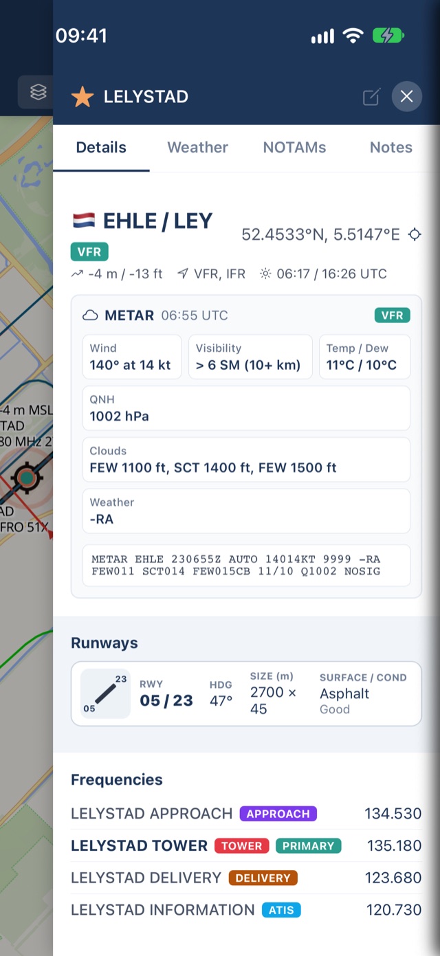 PilotCharts on iPhone: airport details panel with runways, frequencies and METAR