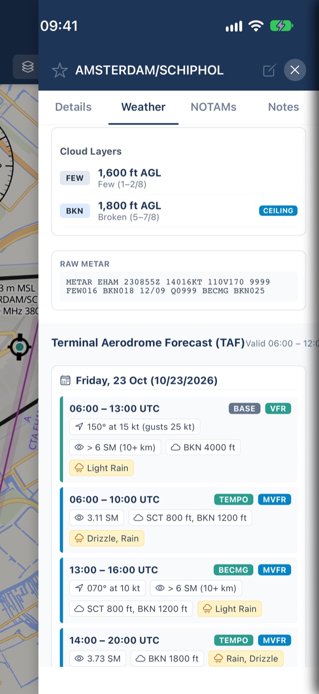 PilotCharts on iPhone: decoded METAR and TAF forecast