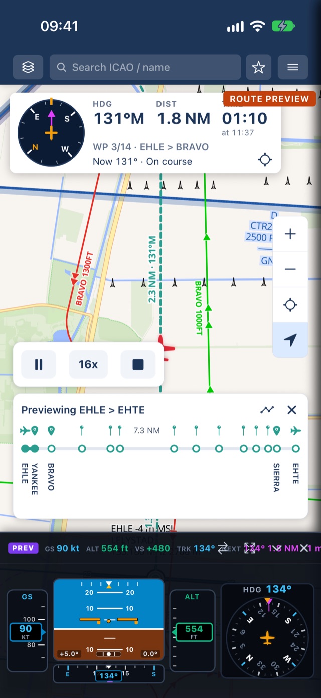 PilotCharts on iPhone: route preview with next-leg card and cockpit instruments